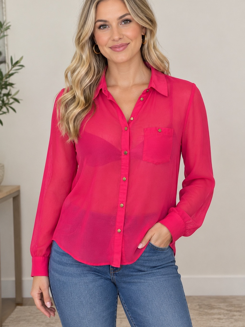 Atmosphere Hot Pink Sheer Long Sleeve Button-Down Blouse Women’s Size 8